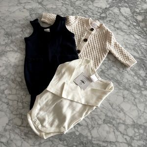 Hanna Andersson sweater jacket, romper, and onesie